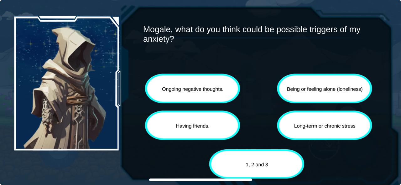 A hooded figure stands next to a questionnaire asking about possible triggers of anxiety, with options including negative thoughts, loneliness, having friends, and chronic stress.